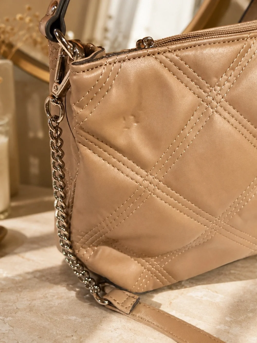 Nine West Quilted Shoulder Bag in Tan with Chain Accent